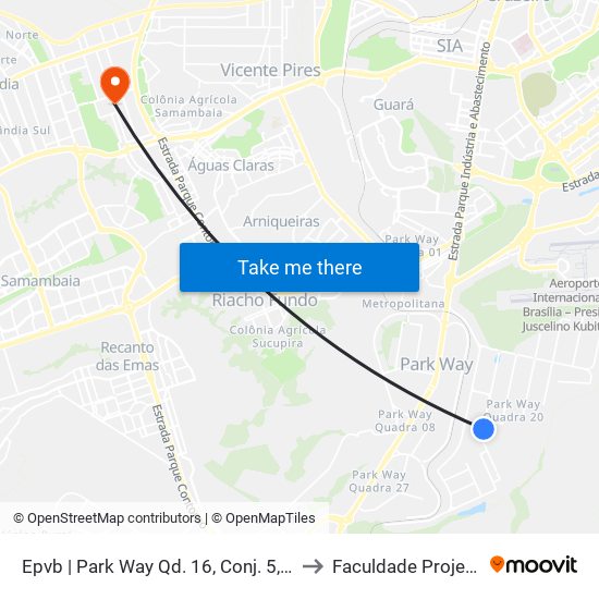 Epvb | Park Way Qd. 16, Conj. 5, Lt. 7 to Faculdade Projeção map