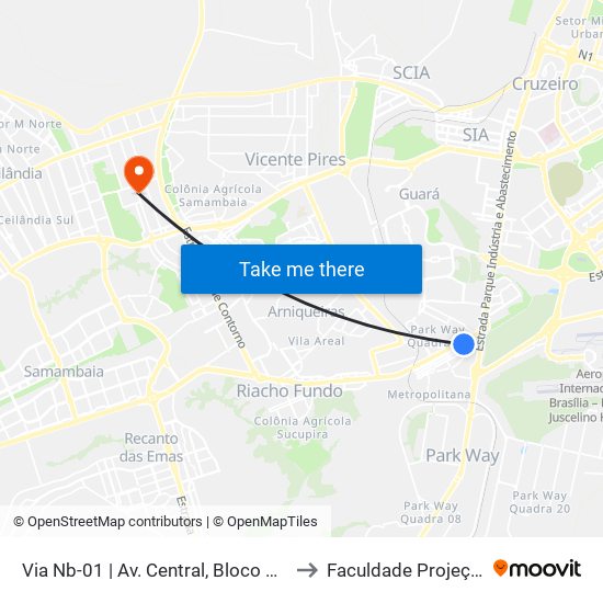 Via Nb-01 | Av. Central, Bloco 211 to Faculdade Projeção map