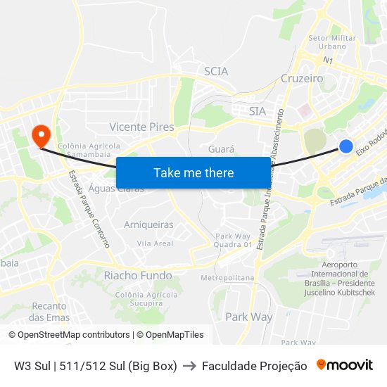 W3 Sul | 511/512 Sul (Big Box) to Faculdade Projeção map
