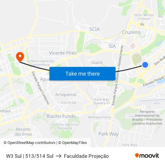 W3 Sul | 513/514 Sul to Faculdade Projeção map
