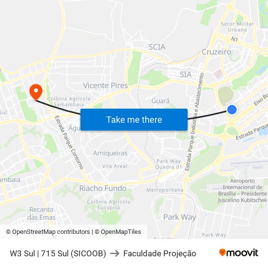 W3 Sul | 715 Sul (SICOOB) to Faculdade Projeção map