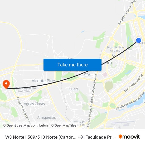 W3 Norte | 509/510 Norte (Cartório Eleitoral) to Faculdade Projeção map