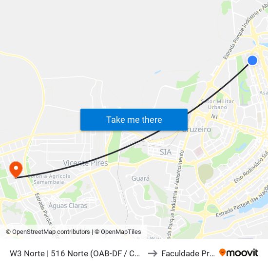 W3 Norte | 516 Norte (OAB-DF / CADE / SEBRAE) to Faculdade Projeção map