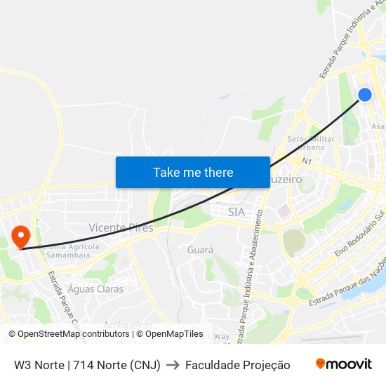 W3 Norte | 714 Norte (CNJ) to Faculdade Projeção map