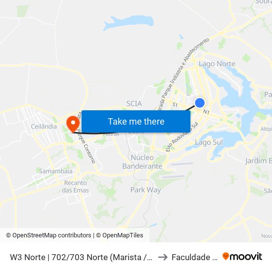 W3 Norte | 702/703 Norte (Marista / Paróquia N. Sra. Saúde) to Faculdade Projeção map