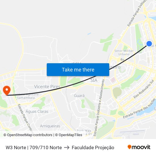 W3 Norte | 709/710 Norte to Faculdade Projeção map