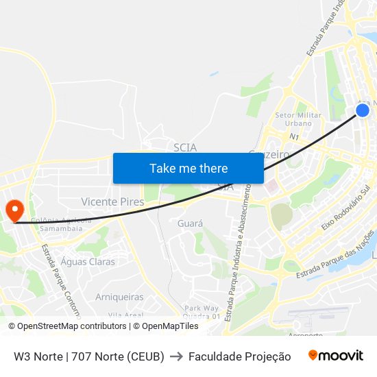W3 Norte | 707 Norte (CEUB) to Faculdade Projeção map