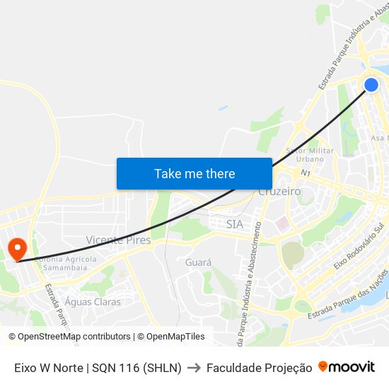 Eixo W Norte | SQN 116 (SHLN) to Faculdade Projeção map