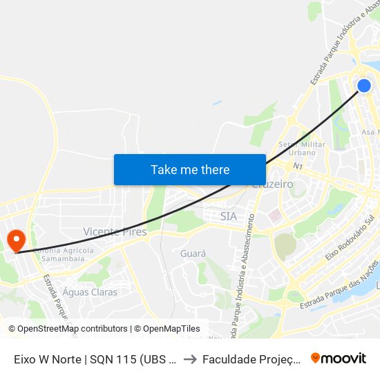 Eixo W Norte | SQN 115 (UBS 2) to Faculdade Projeção map
