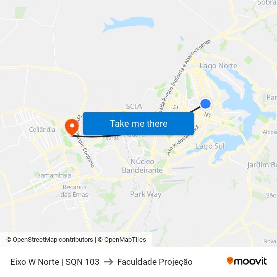 Eixo W Norte | SQN 103 to Faculdade Projeção map