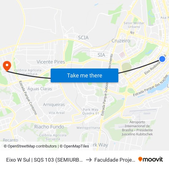 Eixo W Sul | SQS 103 (SEMIURBANO) to Faculdade Projeção map