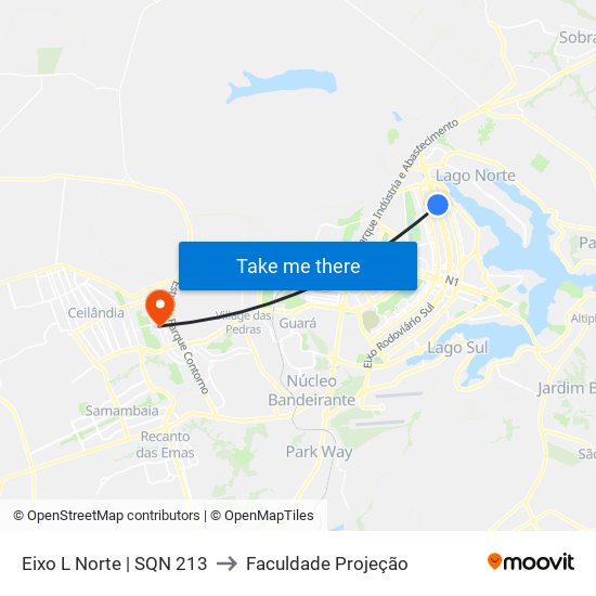 Eixo L Norte | SQN 213 to Faculdade Projeção map