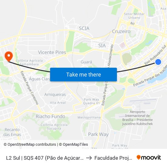 L2 Sul | SQS 407 (Pão de Açúcar / IDP) to Faculdade Projeção map