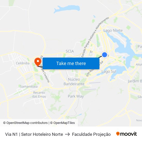Via N1 | Setor Hoteleiro Norte to Faculdade Projeção map
