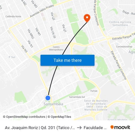 Av. Joaquim Roriz | Qd. 201 (Tatico / 7° Ofício De Notas) to Faculdade Projeção map