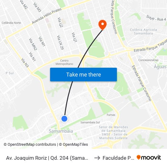 Av. Joaquim Roriz | Qd. 204 (Samambaia Mall / Bares) to Faculdade Projeção map
