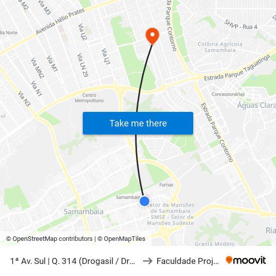 1ª Av. Sul | Q. 314 (Drogasil / Drogafuji) to Faculdade Projeção map