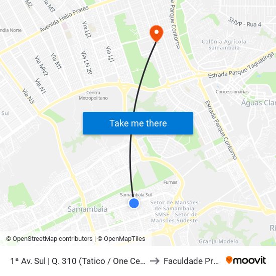 1ª Av. Sul | Q. 310 (Tatico / One Centro Clínico) to Faculdade Projeção map