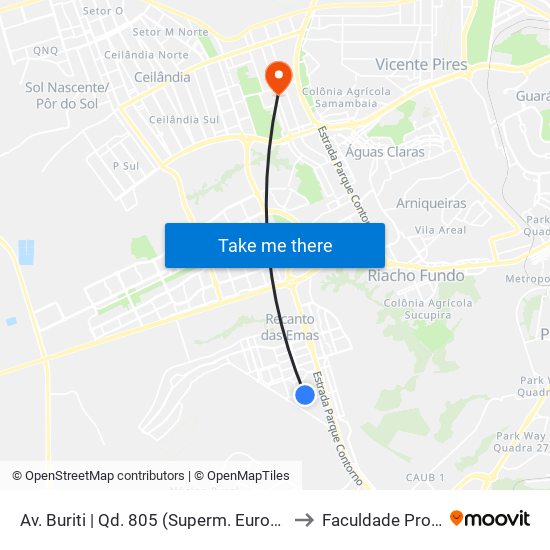 Av. Buriti | Qd. 805 (Superm. Euro) «Oposto» to Faculdade Projeção map