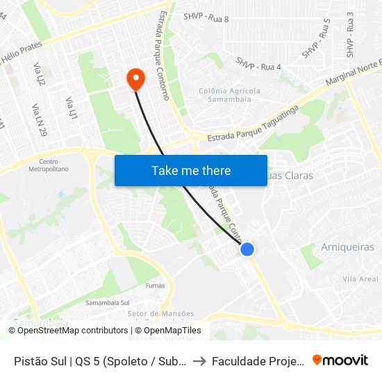 Pistão Sul | QS 5 (Spoleto / Subway) to Faculdade Projeção map