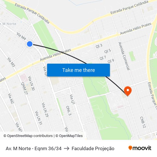Av. M Norte - Eqnm 36/34 to Faculdade Projeção map