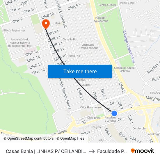 Casas Bahia | LINHAS P/ CEILÂNDIA/SEMIURBANO to Faculdade Projeção map