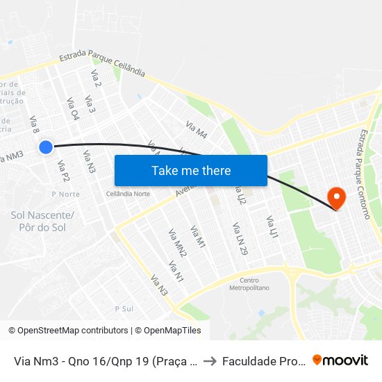 Via Nm3 - Qno 16/Qnp 19 (Praça Da Bíblia) to Faculdade Projeção map