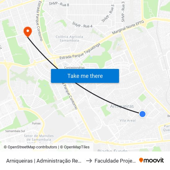 Arniqueiras | Administração Regional to Faculdade Projeção map