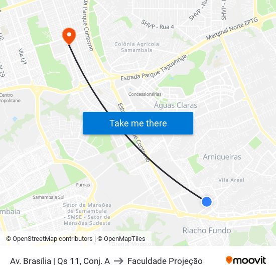 Av. Brasília | Qs 11, Conj. A to Faculdade Projeção map