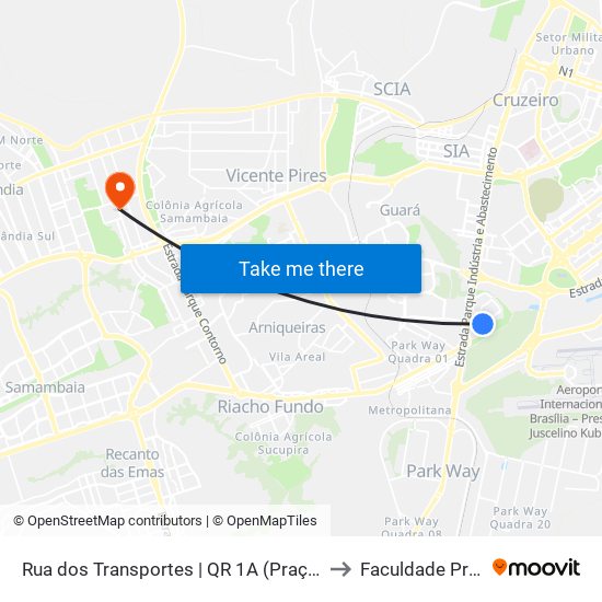 Rua dos Transportes | QR 1A (Praça do Bosque) to Faculdade Projeção map