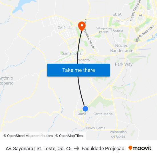 Av. Sayonara | St. Leste, Qd. 45 to Faculdade Projeção map