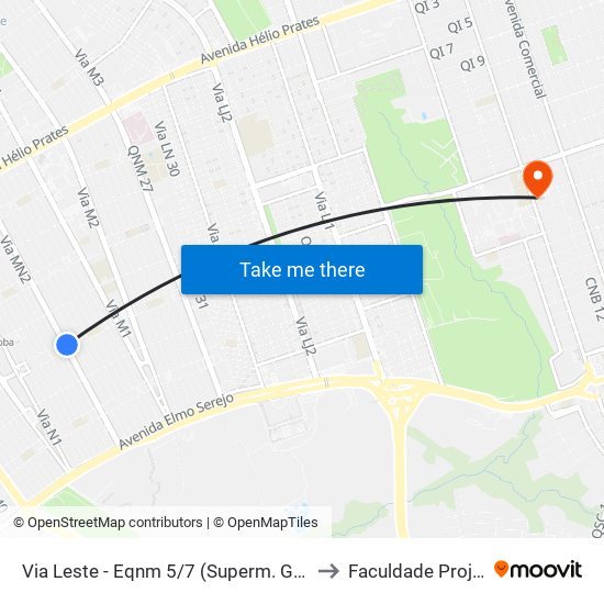 Via Leste - Eqnm 5/7 (Superm. Guarapari) to Faculdade Projeção map