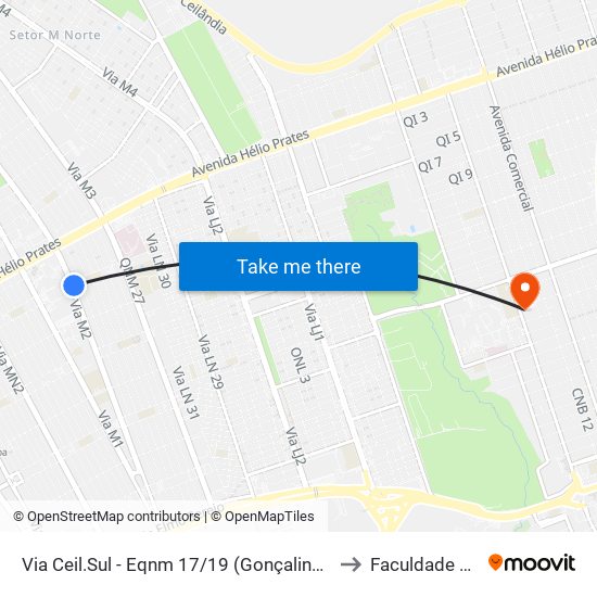 Via Ceil.Sul - Eqnm 17/19 (Gonçalina/Shopping Popular) to Faculdade Projeção map