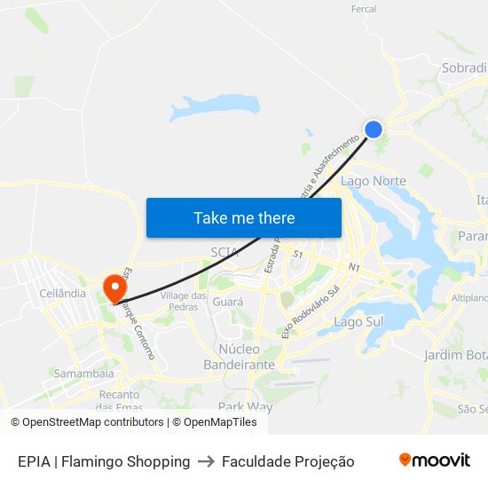 EPIA | Flamingo Shopping to Faculdade Projeção map