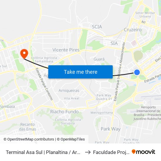 Terminal Asa Sul | Planaltina / Arapoangas to Faculdade Projeção map