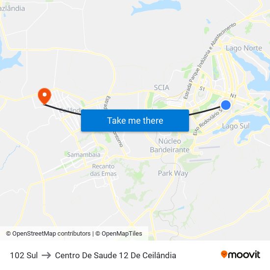 102 Sul to Centro De Saude 12 De Ceilândia map