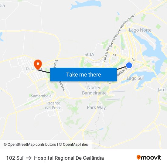102 Sul to Hospital Regional De Ceilândia map