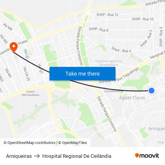 Arniqueiras to Hospital Regional De Ceilândia map
