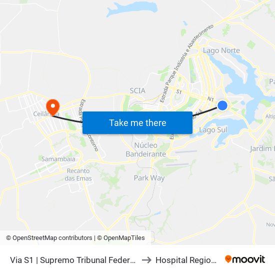 Via S1 | Supremo Tribunal Federal / Praça dos Três Poderes to Hospital Regional De Ceilândia map