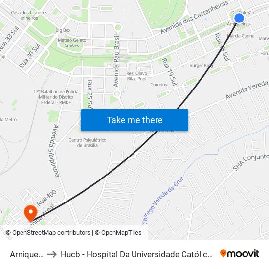 Arniqueiras to Hucb - Hospital Da Universidade Católica De Brasília map