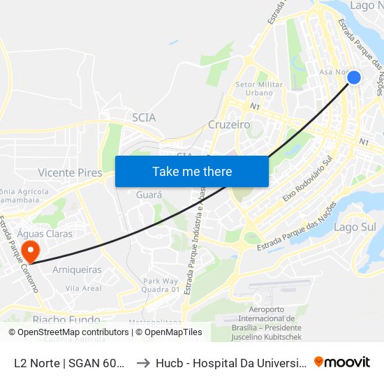 L2 Norte | SGAN 607 (CRE Plano Piloto) to Hucb - Hospital Da Universidade Católica De Brasília map