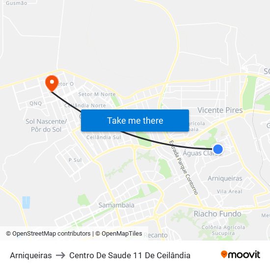 Arniqueiras to Centro De Saude 11 De Ceilândia map