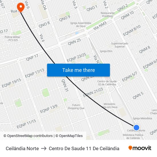 Ceilândia Norte to Centro De Saude 11 De Ceilândia map
