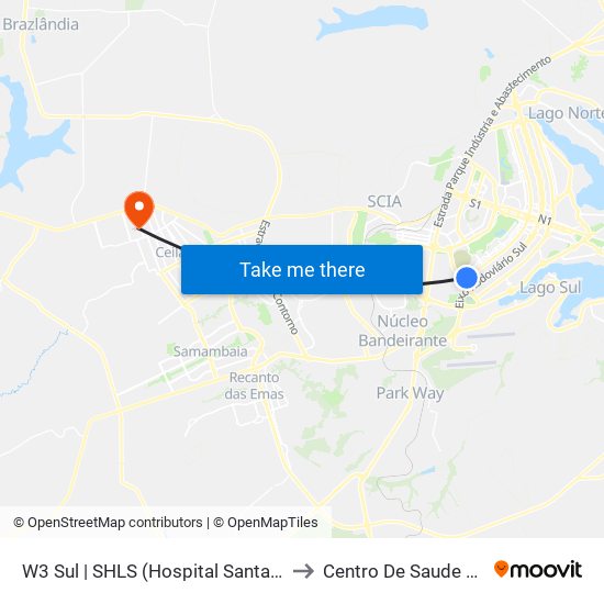 W3 Sul | SHLS (Hospital Santa Lúcia / Pão de Açúcar) to Centro De Saude 11 De Ceilândia map