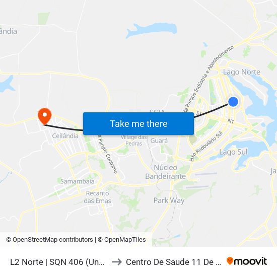 L2 Norte | SQN 406 (UnB / CEAN) to Centro De Saude 11 De Ceilândia map