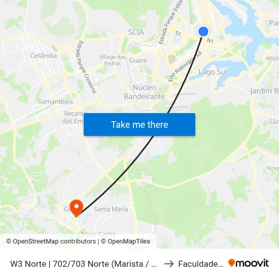 W3 Norte | 702/703 Norte (Marista / Santuario N. Sra. Saúde) to Faculdade Fortium map