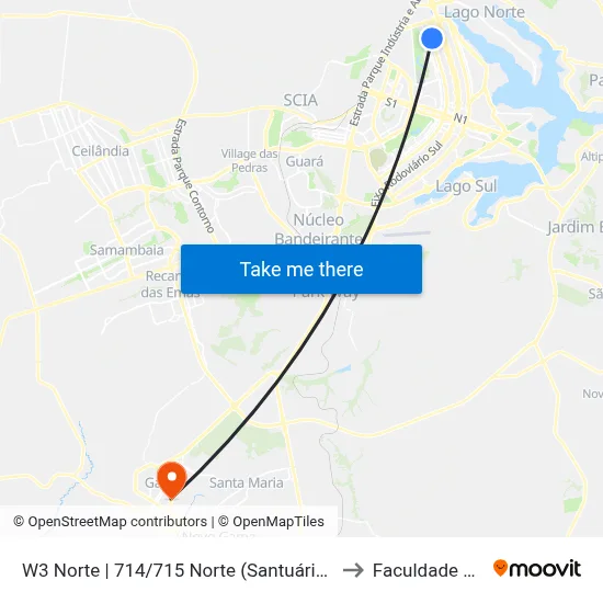 W3 Norte | 714/715 Norte (Santuário São Francisco) to Faculdade Fortium map