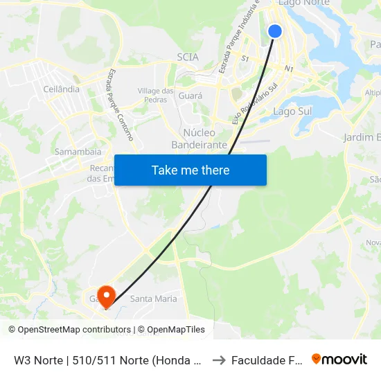 W3 Norte | 510/511 Norte (Honda Plaza Motors) to Faculdade Fortium map