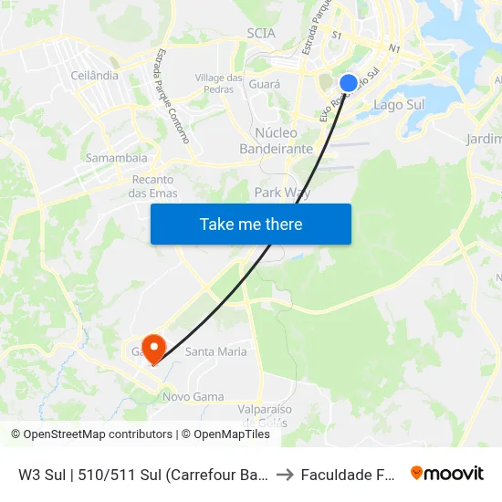 W3 Sul | 510/511 Sul (Carrefour Bairro / UPIS) to Faculdade Fortium map