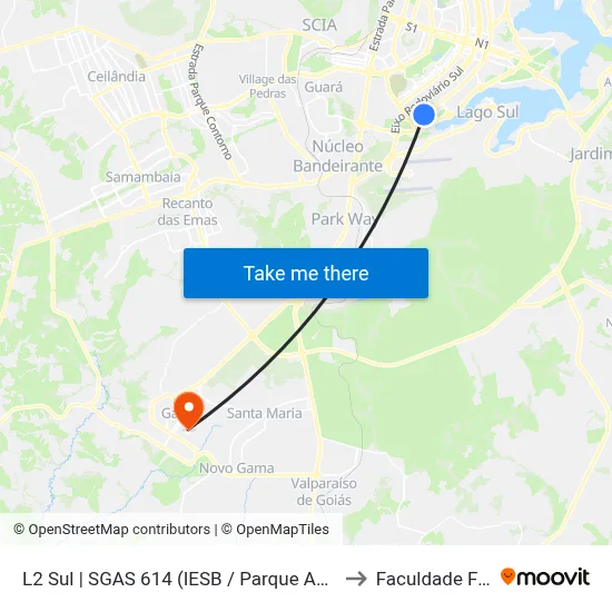L2 Sul | SGAS 614 (IESB / Parque Asa Sul / CREAS) to Faculdade Fortium map